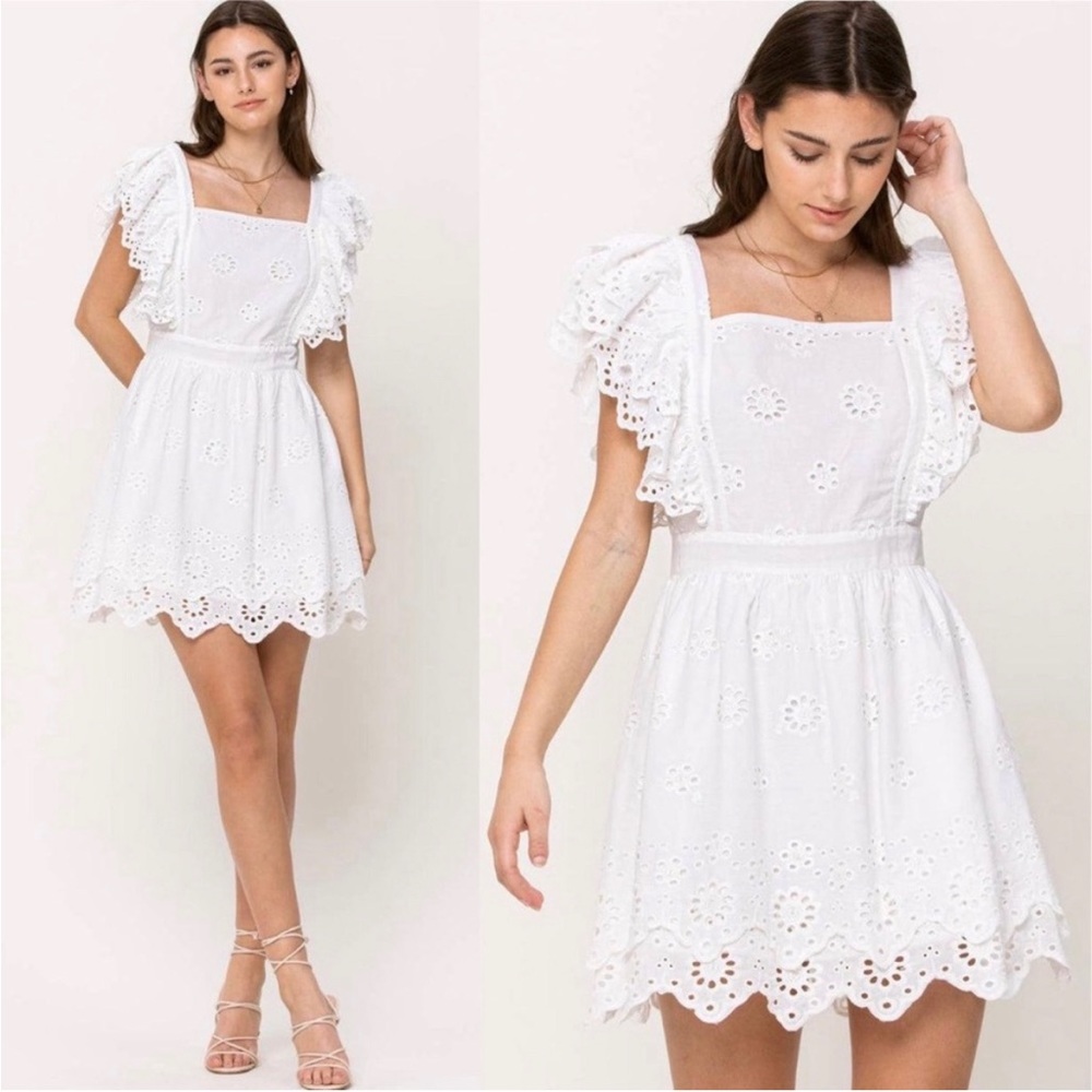 NWOT Ruffles, Square Neckline White Cotton Eyelet Summer Dress, White, Small